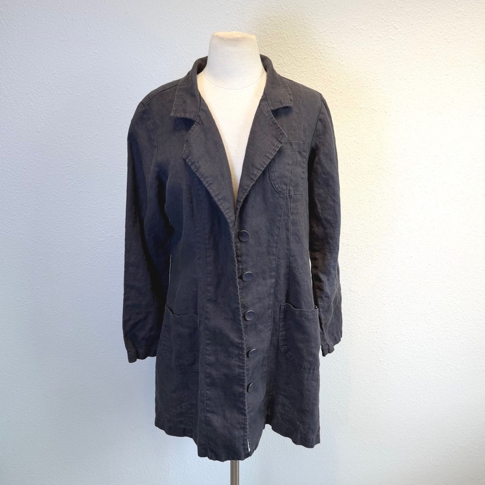 FLAX 100% Linen Dark Gray Button Up Jacket Womens Small Lightweight Collared
